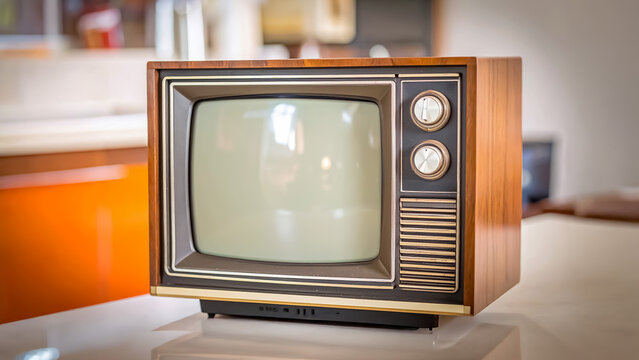 Vintage Mini TV Close-Up with Wood Panel and Retro Knobs