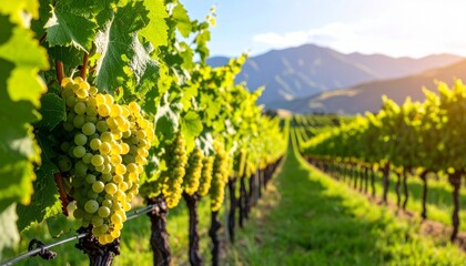 Naklejka premium Golden Vineyard Grapes at Sunset in Scenic Mountain Landscape