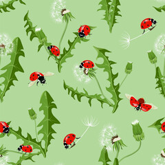Seamless summer vector illustration featuring a ladybug and a dandelion on a green backdrop. Ideal for use in textile design, packaging, and web development.