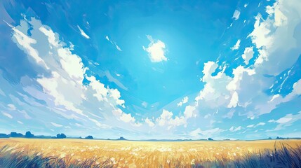 sunny right over field, blue sky takes up most of the composition, minimalist illustration style, 