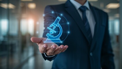 Business professional holds a glowing digital microscope icon