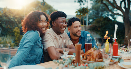 Group, photo and friends at barbecue with event, smile and party with reunion vacation in backyard. Girls, men and celebration with turkey, holiday or excited for social gathering with BBQ in garden