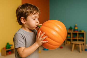Little boy indoors blowing up a large pumpkin-shaped balloon, fun, playful Halloween preparation activity, festive seasonal childhood moment perfect for celebrating autumn holidays, family traditions
