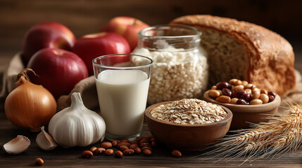 Food composition showing high FODMAP foods to avoid, apples, onions, garlic, wheat bread, milk glass, beans in bowls on wooden table

