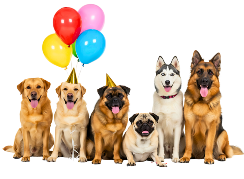 Happy dogs celebrating a birthday party with colorful balloons standing together transparent background