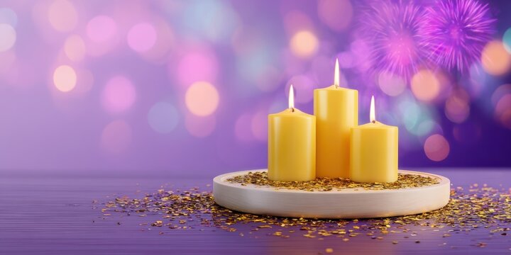 The Yellow Candles Glowing Softly Amidst a Festive Purple Background