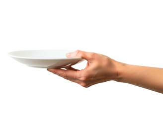 Hand holding a white ceramic plate isolated on transparent background