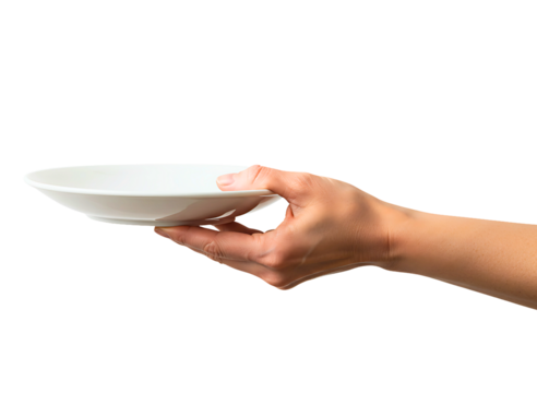 Hand holding a white ceramic plate isolated on transparent background