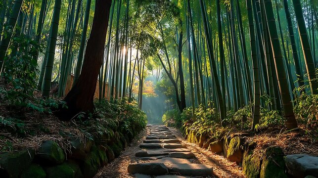 amboo forest trail in morning sunlight with dappled patterns on the ground, representing summer freshness, harmony, calm lifestyle, eco travel and natural relaxation concepts.