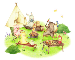 緑の野原でキャンプでバーベキューする動物たちとテント　手描き色鉛筆画
