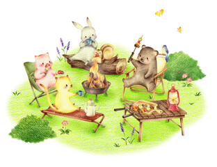 緑の野原でキャンプでバーベキューする動物たち　手描き色鉛筆画