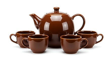 Elegant Brown Teapot with Matching Cups on a Clean White Background