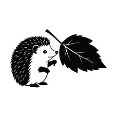 Silhouette of a hedgehog with autumn leaf isolated on white background, a cute animal of the forest in the fall season