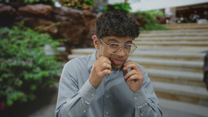 Young hispanic man in blue shirt touches chin outdoors on building stairs with lush foliage around;...
