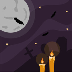 Halloween banner with full moon, bats, candles and cemetery silhouettes. For invitations, posters, web banners.