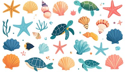 Colorful illustration of sea life, shells, and starfish