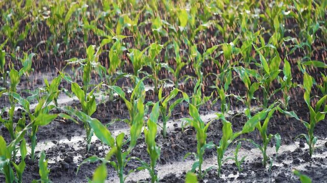 Young corn sprout in heavy rain, rows of green plant seedling and crop emerging from wet soil and mud, leaf glistening, row pattern visible across field, rain drenching plant and soil for growth