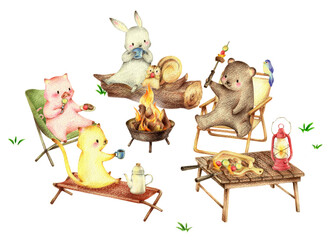 キャンプでバーベキューする動物たち　手描き色鉛筆画