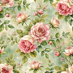 Floral pattern with pink roses and green leaves