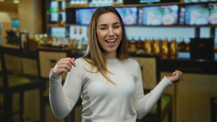 Young blonde woman dancing joyfully in a lively restaurant indoor setting.