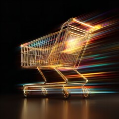 Golden shopping cart streaks with vibrant light trails, symbolizing fast online commerce and speed.
