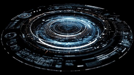 Circular HUD display with rings, graphics, and lines against a black background