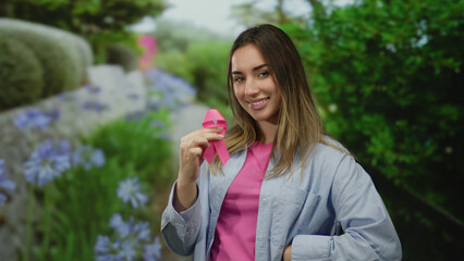 Fototapeta premium Woman with blonde hair holding a pink ribbon in an outdoor park setting, symbolizing breast cancer awareness among lush greenery and flowers.