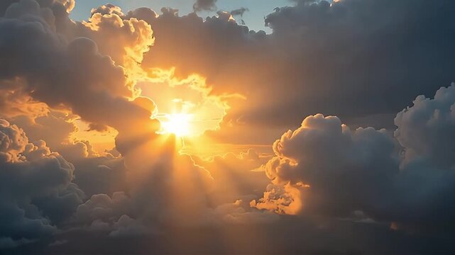 Golden sunbeams pierce dramatic storm clouds creating a breathtaking, ethereal sky vista