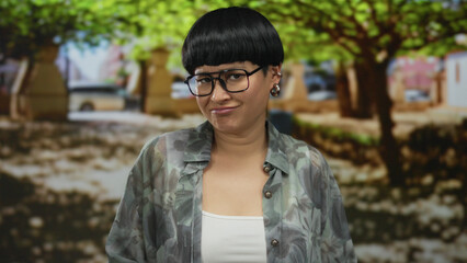 Woman standing outdoors in park with trees, wearing glasses and patterned jacket, showing...