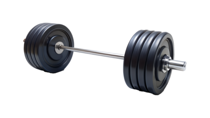 Heavy barbell with black plates isolated on transparent background for strength training and fitness workout in the gym