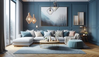  Cozy Modern Living Room with Large Windows, Blue Wall Panels, White Sofa, and Soft Decor