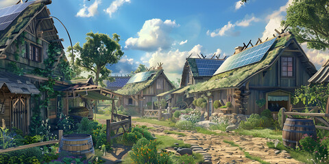 Sustainable Eco Village with Solar-Powered Homes"

"Rustic Countryside Cottages with Green Energy"

"Eco-Friendly Rural Community with Solar Roofs"