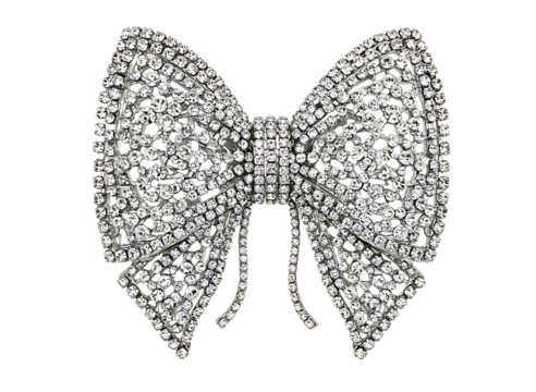 Sparkling silver glitter bow with ribbon tails isolated on transparent background