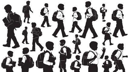 black silhouette of school kid boy with backpack, going to school vector illustration, back to school character set, School boy silhouette with backpack, Kids walking to school