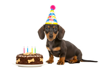 Cute dachshund puppy wearing birthday hat celebrates with chocolate cake and candles transparent background