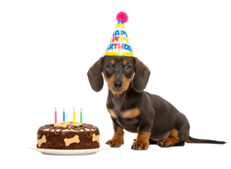 Cute dachshund puppy wearing birthday hat celebrates with chocolate cake and candles transparent background