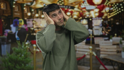 Man covers his ears with hands in a busy street market under glowing lights and stalls amid crowded wooden benches; annoyance.