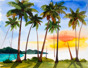 Tropical Scenery with Lush Vegetation and Colorful Sunset Over Water