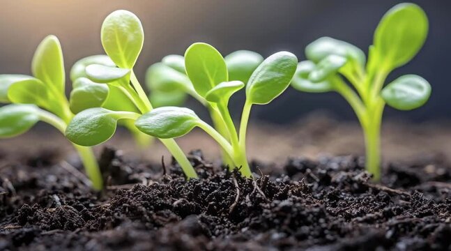 New Life Sprouts: Witness the gentle dawn of new life as delicate green sprouts emerge from the rich, dark earth, a testament to nature's resilience and the promise of growth. 