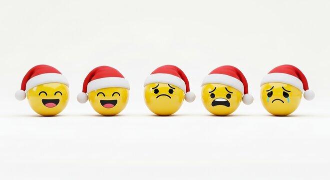 Five yellow emoji characters wearing Santa hats display a range of emotions from happiness to sadness against a stark white background Christmas Happy