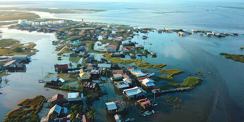 Climate Change Impact: Flooded Coastal Village Aerial"

"Rising Sea Levels Submerging Communities"

"Aerial Drone View of Flooded Coastal Settlement"