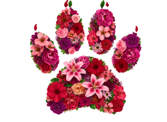 Artistic animal paw print shape formed by a vibrant collage of red pink and burgundy flowers transparent background