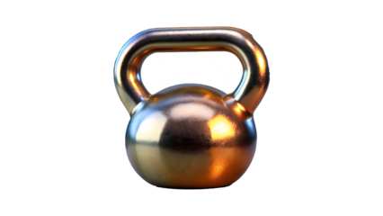 Metallic gold kettlebell for strength training isolated on transparent background for fitness and exercise