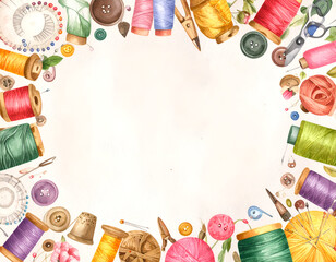 Colorful Threads And Sewing Supplies Arranged Around An Empty Space On A Light Background