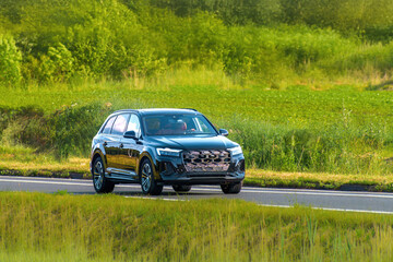 Fototapeta premium Sleek SUV driving in scenic green landscape
