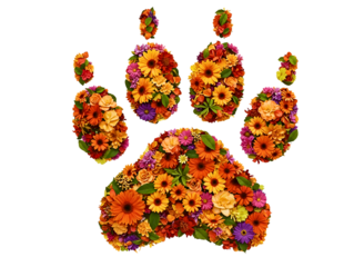 Floral paw print made of pink and red flowers isolated on transparent background