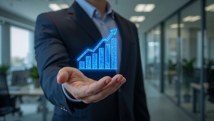 Business professional holds a glowing digital bar chart with arrow