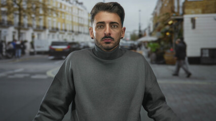 Fototapeta premium Man cupping mouth with hands to shout on urban city street with blurred traffic and sidewalk behind; alertness.