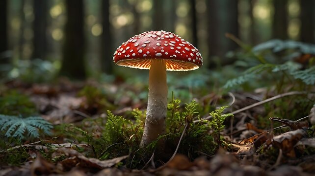 A fly agaric mushroom standing in a forest with a red cap and white spots in a natural environment