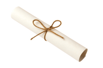 a rolled-up paper scroll tied with a rustic string bow, symbolizing a diploma or certificate, isolated on a transparent background
